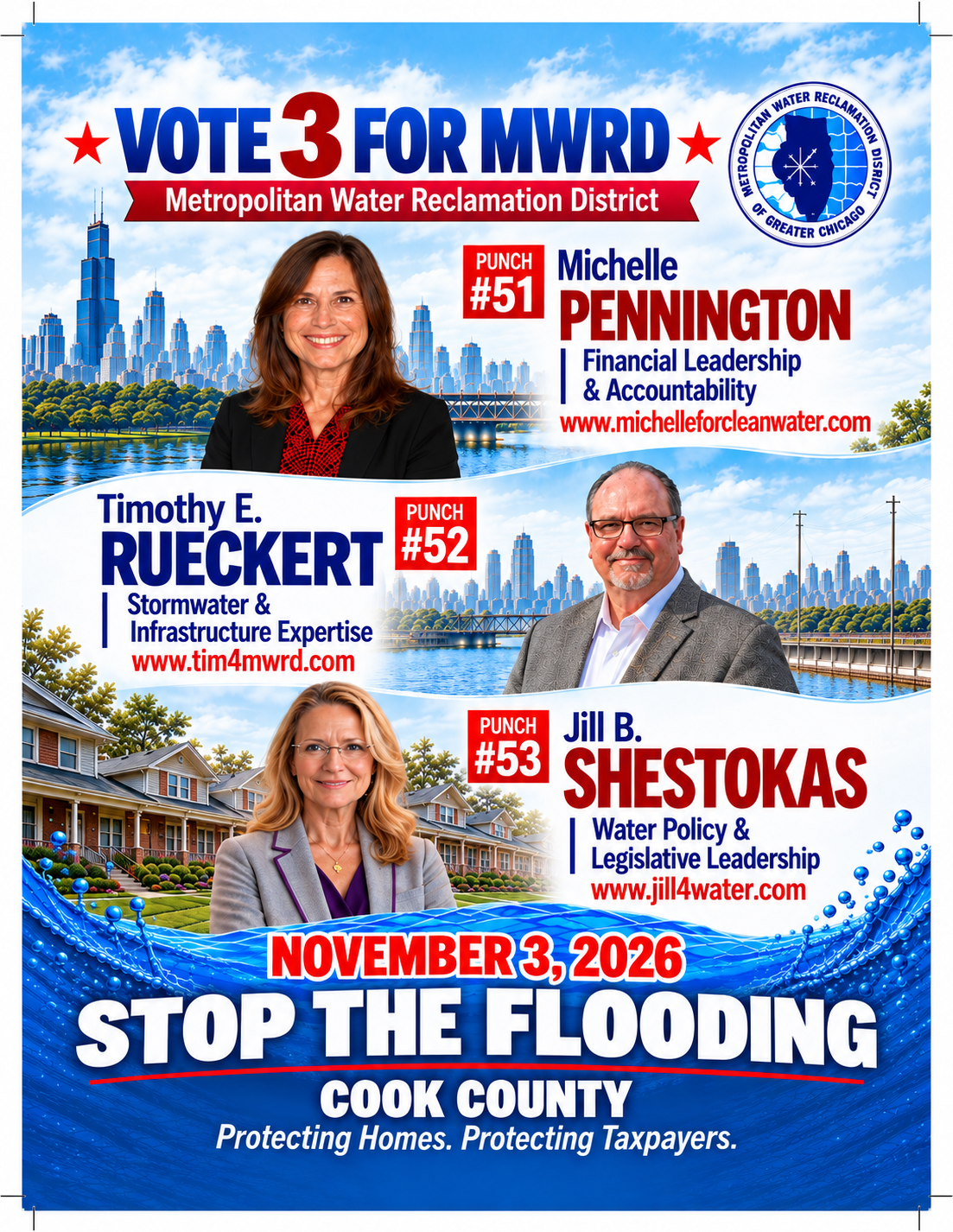 Vote 3 for MWRD on November 3, 2026: Michelle Pennington number 51, Timothy E. Rueckert number 52, Jill B. Shestokas number 53. Protecting homes and taxpayers.